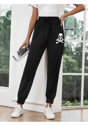Lune Halloween Skull Print Drawstring Waist 4 Mevsim Eşofman Siyah