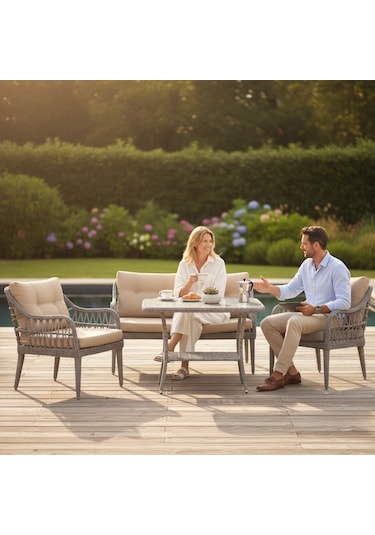 Kaş 2+1+1+sehpa Bahçe Balkon Mobilyası,gri Rattan/gri Kumaş Bej