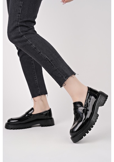 Muggo Paradise Hakiki Deri Kalın Taban Günlük Casual Makosen Kadın Loafer Ayakkabı Siyah Rugan