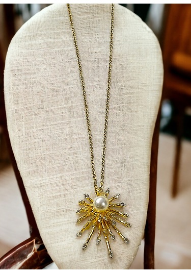 Kadın İncili Taşlı Altın Renk Çelik Kolye Çelik