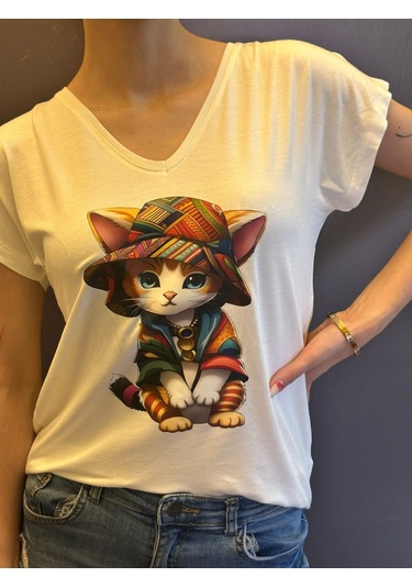 Etnik Kedi Baskılı V Yaka Kadın T-shirt Beyaz