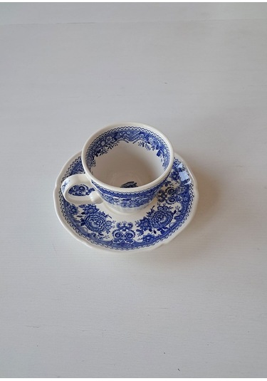 Vintage Burgenland Çiçek Desenli Antika Çay Fincanı Seti Mavi Mavi