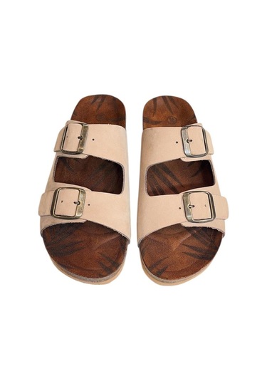 Bej Hakiki Deri Nubuk Çift Bant Tokalı Mantar Taban Terlik Bej