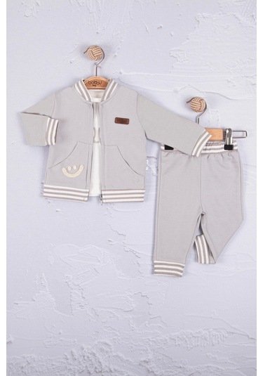 Hello Nakışlı % 100 Pamuk 3'lü Erkek Bebek Takımım Gri