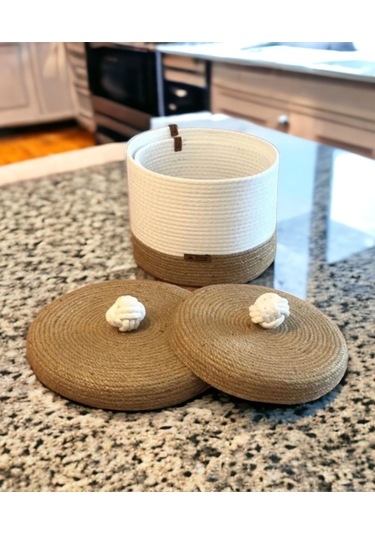 Hasır Sepet, 2'li Kapaklı Dekoratif Sepet