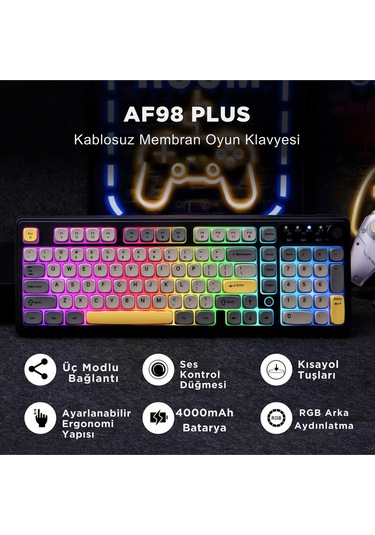 Af98 Plus Membran Oyuncu Klavyesi-4000 Mah Batarya-bluetooth 5.0/2.4g/usb-c, Rgb
