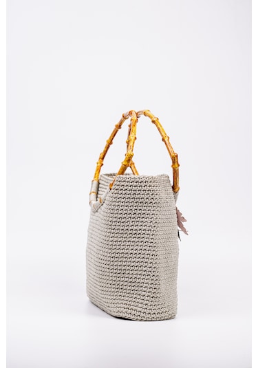 Fabric Craft Bag Gri Tığ Dokulu Bambu Saplı El Çantası Gri Gri