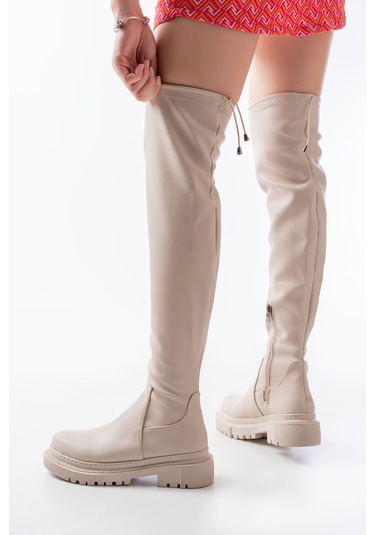 812-2194 Bej Fermuarlı Diz Üstü Bağcıklı Çorap Günlük Kadın Çizme Resimdeki Renk
