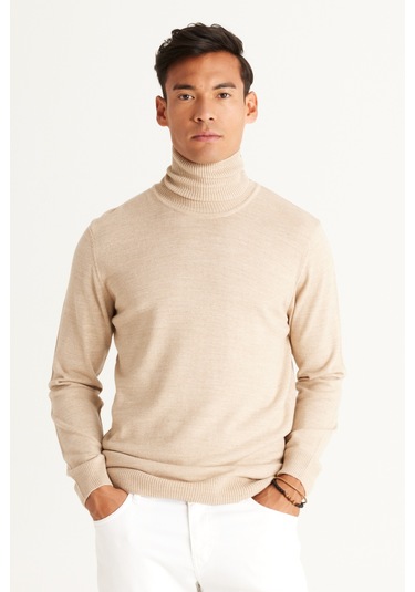 AC&Co / Altınyıldız Classics Erkek Bej Standart Fit Tüylenme Yapmayan Tam Balıkçı Yaka Triko Kazak 4A4922100004BEJM Bej