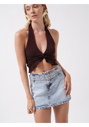 Kemer Detay Denim Mini Etek Açık Mavi