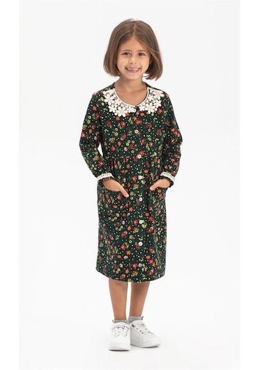 Uzun Kol Asya Yakalı Çocuk Pazen Elbise Çiçek Desen Yeşil