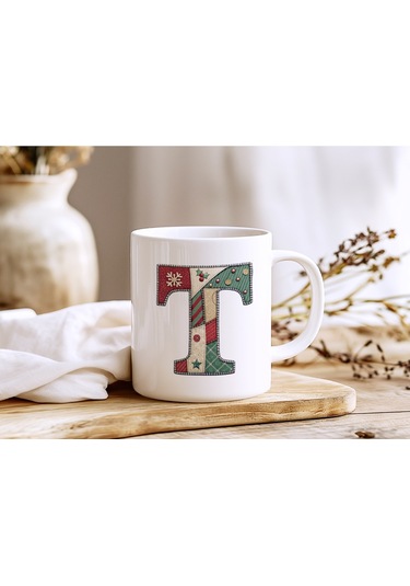 T Harfi Yılbaşı Temalı Kupa Bardak - Yeni Yıl Konsept Yamalı Efekt Tasarım - Noel Hediye Beyaz