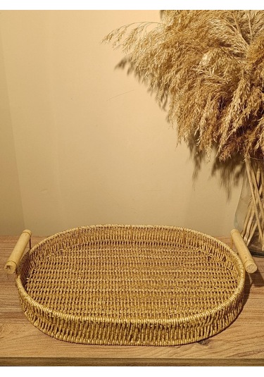 Hasır Rattan Bambu Kulplu Örme Tepsi Geniş Boy Oval Diğer