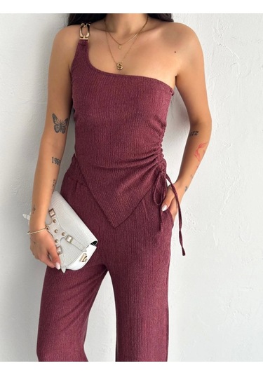 Asimetrik Crop Pantalon Ikili Takım - Gül Kurusu Gül Kurusu