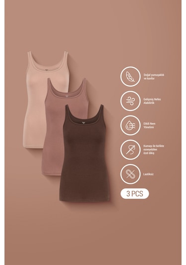 Auw Basic Kadın Derin Yaka Atlet Modal Pamuk 3'lü - Softfit Latte,bitter,bronz
