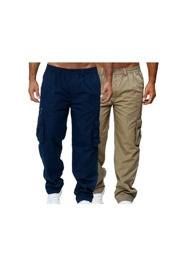Ayw Erkek Pantolon Çok Cepli Düz Orta Bel Kargo Pantolon Günlük Giyim İçin Haki
