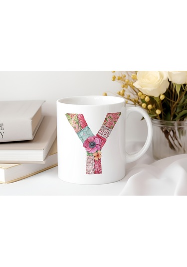 Y Harfli Retro Çiçekli Kupa Bardak - Patchwork Tarz Yamalı Desenli İsme Özel Kupa - Hediye Beyaz