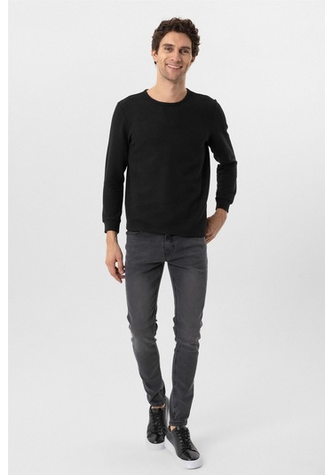 Siyah Slim Fit Armürlü Bisiklet Yaka Triko Kazak-36351 Siyah