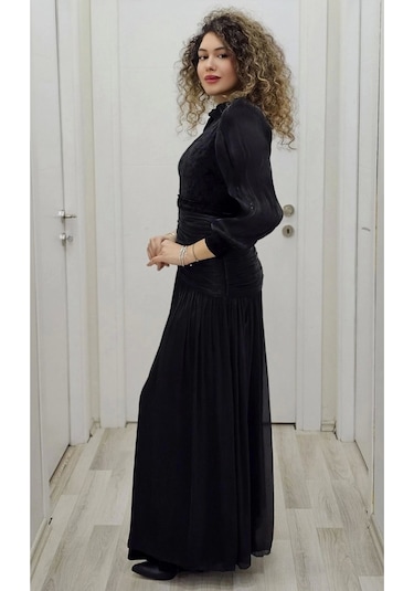 Çiçek Detaylı Çıkarılabilir Etekli Kadife Abiye 2752-siyah Siyah