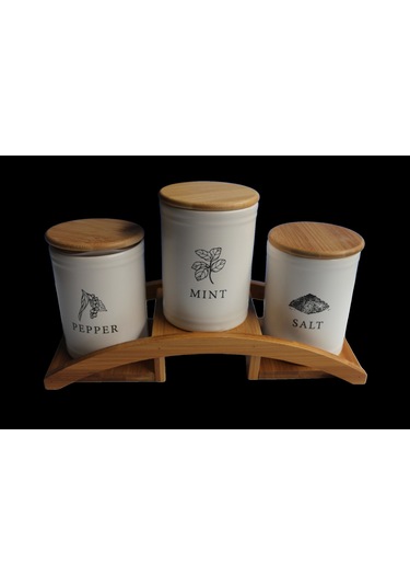 Bambu Köprü Standlı 3'lü Baharatlık Seti Beyaz