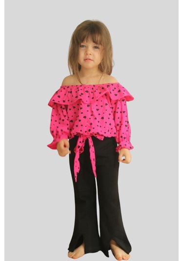 3-10 Yaş Kalpli Madonna Bluz İspanyol Pantolon Takım Pembe