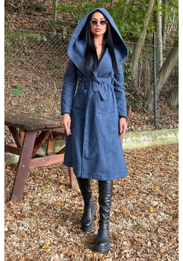 İndigo Kruvaze Yaka, Kapüşonlu, Çift Cepli, Beli Kemerli, Uzun Kaşe Kaban Astarsız İndigo