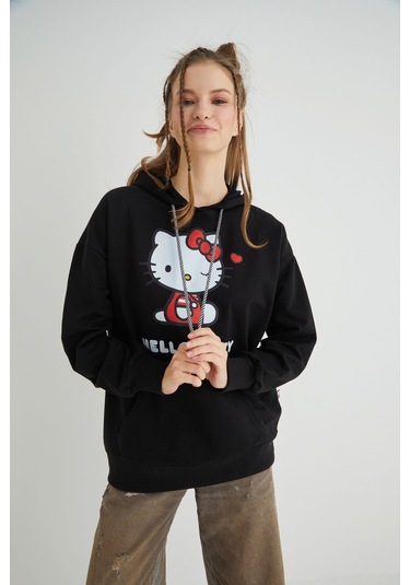 Hello Kitty Lisanslı Baskılı Kapüşonlu Oversize Fit Sweatshirt Renkli