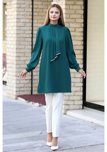 Işıltı Taş Detaylı Büyük Beden Tesettür Takım Zümrüt