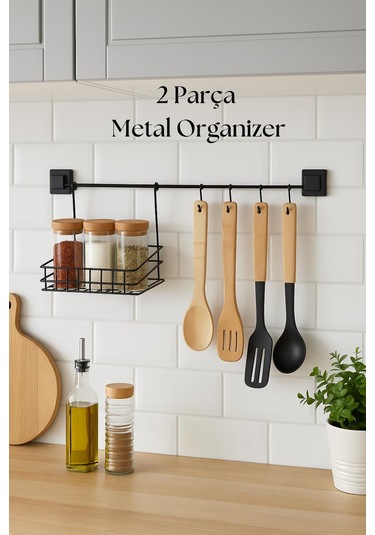 2 Parça Metal Askılı Mutfak Organizeri & Mutfak Rafı & Sepet Siyah