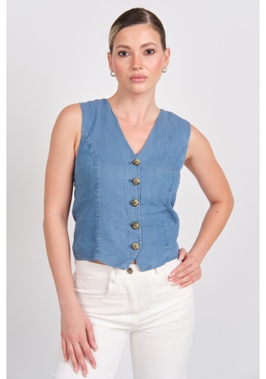 Only Kadın Onlırıs Kolsuz Düğmeli Jean Yelek 15337941 Indigo Indigo