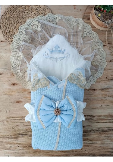 Yenidoğan Tericotton Örgülü Trilüx Bebek Battaniyesi Kundak Mavi Çok Renkli