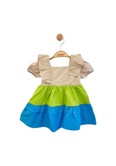Çikoby Kız Bebek Fırfırlı Dokuma Elbise-13891 Çok Renkli