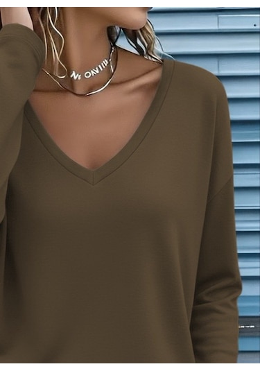 Tua Moda Kadın Uzun Kollu V Yakalı Viskon Iki Iplik Bluz SÜTLÜ KAHVE