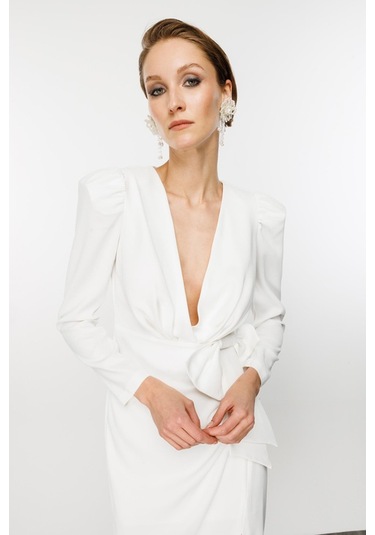 Nefeli Midi V Yaka Uzun Kol Minimalist Elbise - Özel Günler İçin Beyaz