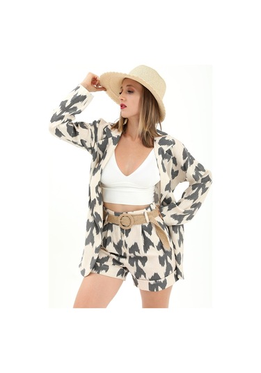 Kemerli Desenli Oversize Blazer Ceket - Siyah-siyah Siyah