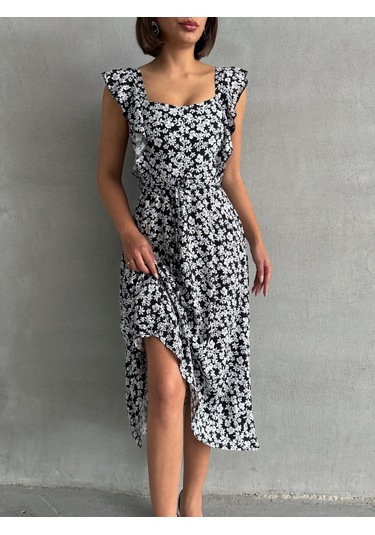 Kadın Çiçek Desenli Fırfır Detaylı Yazlık Dokuma Elbise Siyah