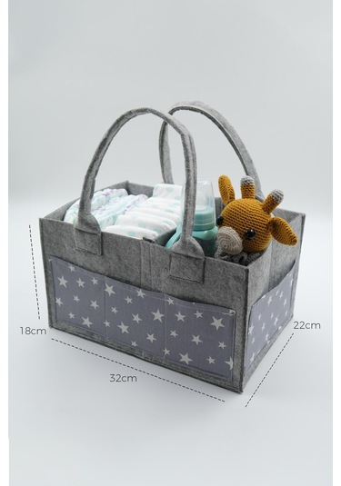 Jasper Yıldız Desenli Gri Keçe Anne Bebek Bakım Çantası Organize Gri