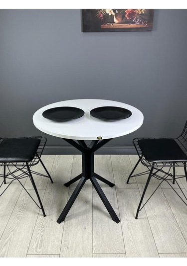 Nisa Beyaz Yuvarlak Mutfak Masası Yemek Masası Balkon Masası Metal Siyah Ayak 70 Cm
