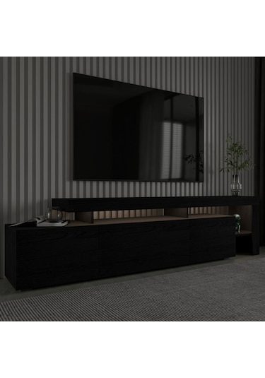 Beliz Modern LED Işıklı 3 Kapaklı, Raflı TV Sehpası – 192 cm, Ahşap Siyah