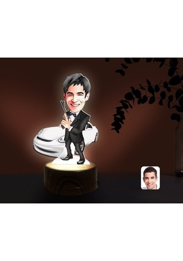 Kişiye Özel Erkek Ajan Karikatürlü Dekoratif 3D Biblo Led Işıklı