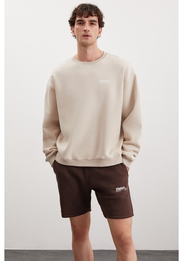 GRIMELANGE Ernest Erkek Organik Pamuklu Yumuşacık Baskı Detaylı Bisiklet Yaka İçi Polarlı Vizon Sweat Vizon