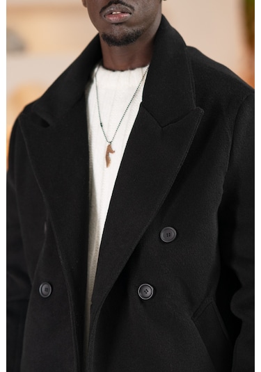 İtalyan Geniş Yaka Oversize Bol Kesim Salaş Uzun Kaban Siyah