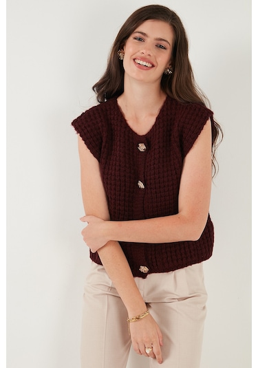 Lela Premium Oversize Fit Bisiklet Yaka Düğmeli Örgü Bayan Yelek 680Yl1416 Bordo