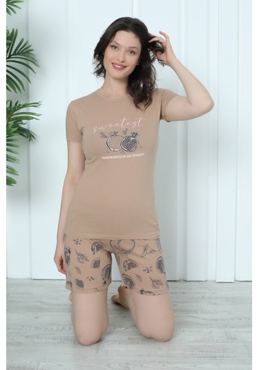 Mr 4300 Pamuklu Kısa Kollu Şortlu Penye Takım Pijama Takımı Nar Desenli Vizon