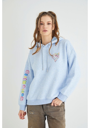 Hello Kitty Lisanslı Baskılı Kapüşonlu Kalın Mavi Sweatshirt Renkli