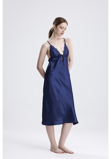 Laperissa Kadın Saten Dantelli Lacivert Gecelik Lacivert