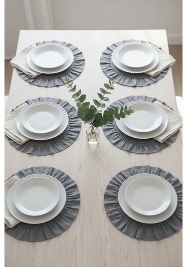 Yunusoğlu Home Pamuklu Fırfırlı Supla 6'lı Set Amerikan Servis 33 Cm Çap Supla 6'lı Füme