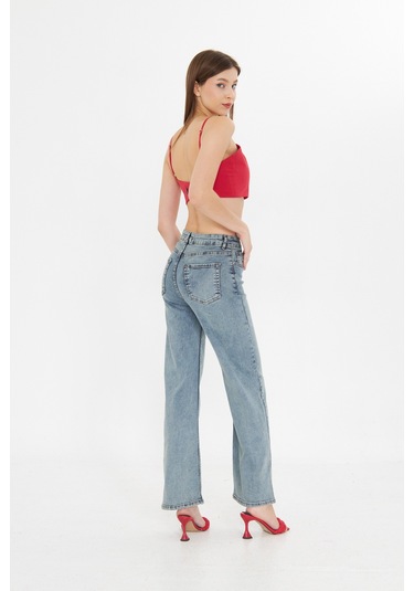 Kutaf Açık Mavi Yüksek Bel Geniş Paça Bol,salaş Palazzo Jeans Mavi