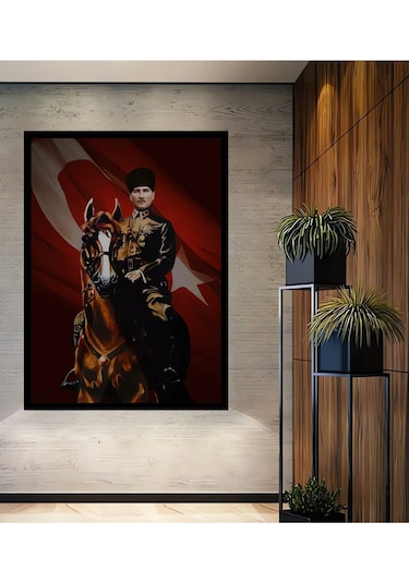 Mustafa Kemal Atatürk At Üzerinde Yağlı Boya Görünümlü Ahşap Dekoratif Tablo Uynkfrk63453