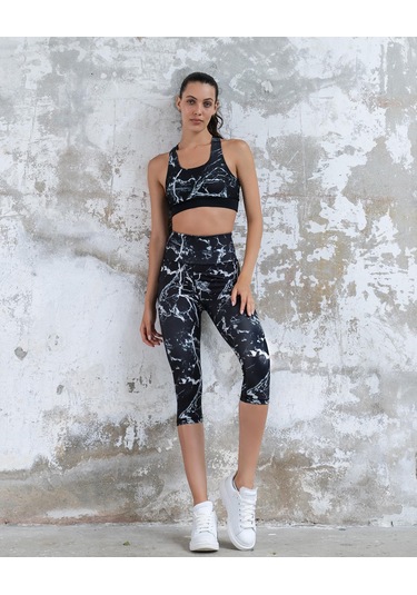 Mermer Desen Toparlayıcı Spor Kapri Tayt Siyah Beyaz